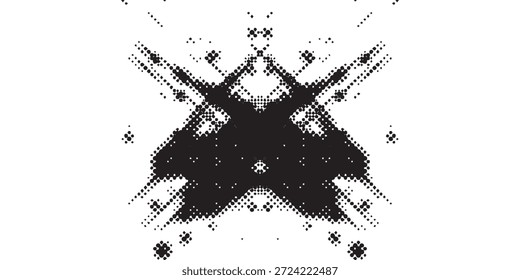 Un patrón abstracto simétrico en blanco y negro, que se asemeja a una mariposa o polilla estilizada, con una apariencia arenosa y texturizada.