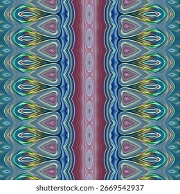 Patrón abstracto simétrico con tonos azules, verdes y rosados, creando un efecto de caleidoscopio perfecto para el diseño de moda, textiles o fondos de arte digital.