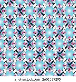 Symmetrical abstract pattern with blue and pink shades creates a futuristic optical effect. This design is suitable for digital backgrounds, textiles and modern graphic elements.