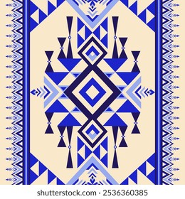 A symmetrical abstract pattern with bold geometric shapes in shades of blue on a cream background. It features triangles, diamonds, and zigzags for a striking aesthetic.