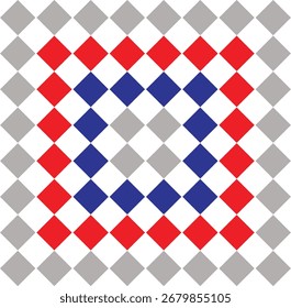 A symmetrical abstract pattern composed of red blue and gray diamond shapes arranged in a precise grid. This geometric design offers a visually striking and modern aesthetic suitable for various creat