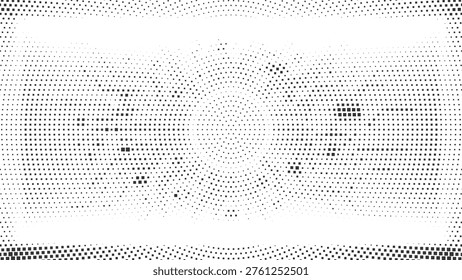 Symmetrical abstract pattern composed of small squares forming concentric circles and radiating lines on a white backdrop.