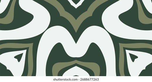 A symmetrical abstract pattern featuring organic shapes in shades of dark green olive and white.