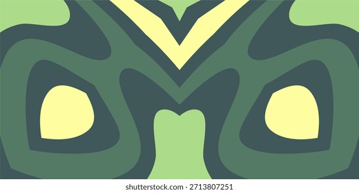 Un patrón simétrico y abstracto que presenta curvas orgánicas y fluidas en tonos de tierra plana como verde oliva, pizarra oscura y amarillo pálido, que se asemeja a un camuflaje o topografía estilizada.