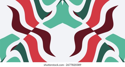 A symmetrical abstract pattern in festive red teal and dark red colors suggestive of holiday decorations and ornamental designs.