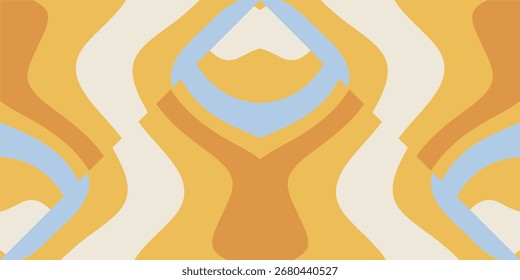 Un patrón abstracto simétrico con curvas orgánicas que fluyen en tonos tierra cálidos y azul claro.