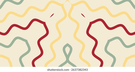 A symmetrical, abstract pattern with flowing, wavy lines. The color palette is muted and retro, featuring a cream or off white background with lines in pale yellow, teal, green, and a deep red.