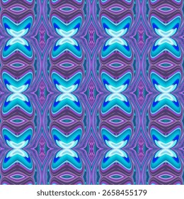 Symmetrisches abstraktes Muster mit leuchtenden türkis- und violettschmetterlingsartigen Formen. Energetisches und futuristisches Design. Symmetrisch, Cyan, Schmetterling, Futuristisch, Glühen.