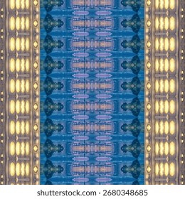 Symmetrical abstract pattern with golden lights, blue accents, and mirrored textures, creating a modern geometric kaleidoscope effect.