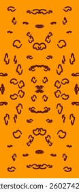 A symmetrical abstract pattern with an orange background and brown spots that resemble a leopard's fur. This design brings a natural, exotic, and wild feel, perfect for decorative elements, textiles, 