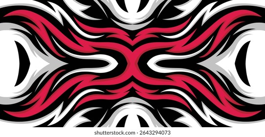 Symmetrical Abstract Pattern with Red and Black Curved Design Elements