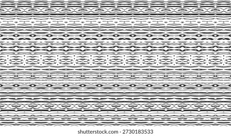   
Symmetrisches abstraktes Muster mit stilisierten schwarzen Formen, rhythmischen horizontalen Reihen für Textil-, Tapeten- und Grafikdesign