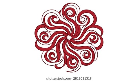 A symmetrical abstract pattern with swirling red lines forming a mandala-like shape on a white background. Elegant and decorative.