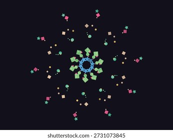 Symmetrical abstract pattern with vibrant geometric shapes radiating from a central focal point, modern minimalist design