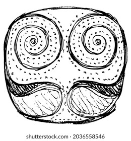 Symmetrical abstract spiral ornament. Native American ethnic art of Aleut Indians. Hand drawn linear doodle rough sketch. Black silhouette on white background.
