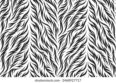 Symmetrical abstract tiger fur pattern in black and white. Seamless vector design with elegant flow and bold contrast, ideal for modern fashion, jungle themes, and textile backgrounds.