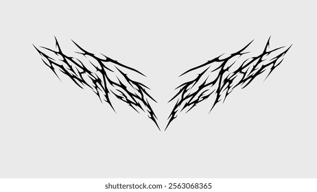 Symmetrical abstract tribal design with sharp lines, resembling wings, suitable for tattoos, logos, or decorative art.