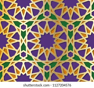 Symmetrical abstract vector background in arabian style made of emboss geometric shapes. Islamic traditional pattern. Gold, green, orange and purple colors.