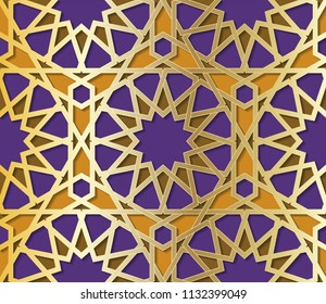 Symmetrical abstract vector background in arabian style made of emboss geometric shapes. Islamic traditional pattern. Gold, green, orange and purple colors.