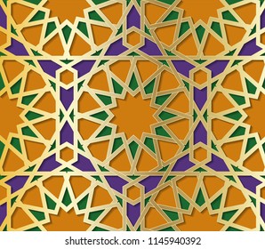 Symmetrical abstract vector background in arabian style made of emboss geometric shapes with shadow. Islamic traditional pattern. Gold, green, orange and purple colors.