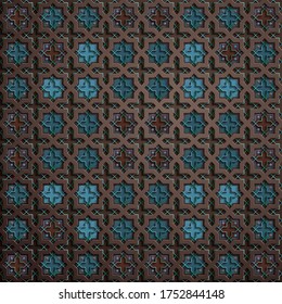 Symmetrischer abstrakter Vektorhintergrund im arabischen Stil aus Prägen geometrischer Formen mit Schatten. Traditionelles islamisches Muster. Blau, braun.