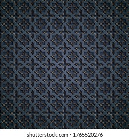 Symmetrischer abstrakter Vektorhintergrund im arabischen Stil aus Prägen geometrischer Formen mit Schatten. Traditionelles islamisches Muster. Blau und Kupfer.