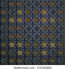 Fondo de vector abstracto simétrico en estilo arabio hecho de formas geométricas de relieve con sombra. Patrón tradicional islámico. Color azul y dorado.