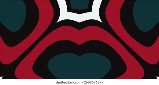 A symmetrical abstract vector background with swirling shapes in red, white, black, and teal.