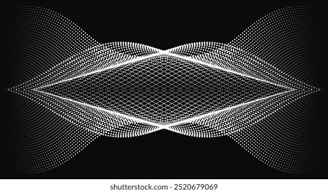 Symmetrical abstract wave patterns in monochrome, vector abstract background with wave of flowing particles over black, curve lines of dots in motion, tranquil and soft image.
