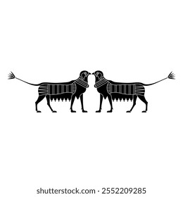 Symmetrical animal border with two fantastic griffins with lotus tails. Ancient Egyptian ethnic design. Black and white silhouette.