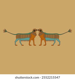 Symmetrical animal border with two fantastic griffins with lotus tails. Ancient Egyptian ethnic design.