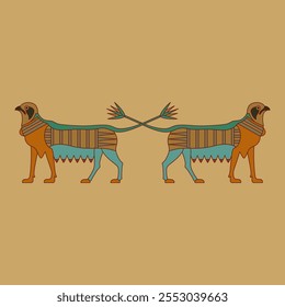 Symmetrical animal border with two fantastic griffins with lotus tails. Ancient Egyptian ethnic design.