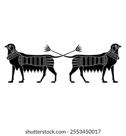 Symmetrical animal border with two fantastic griffins with crossed lotus tails. Ancient Egyptian ethnic design. Black and white silhouette.