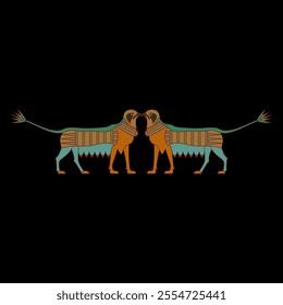 Symmetrical animal border with two fantastic griffins with lotus tails. Ancient Egyptian ethnic design. On black background.