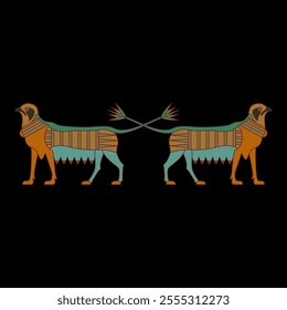 Symmetrical animal border with two fantastic griffins with crossed lotus tails. Ancient Egyptian ethnic design. On black background.