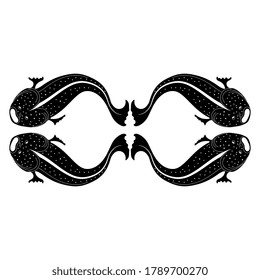 Symmetrical animal decor with four stylized catfish fish. Ancient Greek or Roman vase painting motif. Black and white silhouette.