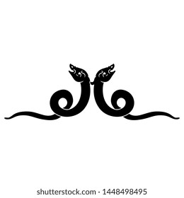 Symmetrical animal decor with two stylized snakes. Black and white silhouette.