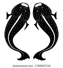 Symmetrical animal decor with two stylized catfish fish. Ancient Greek or Roman vase painting motif. Black and white silhouette.