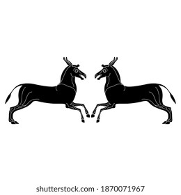 Symmetrical animal decor with two stylized running donkeys. Ancient Greek vase painting motif. Black and white silhouette.