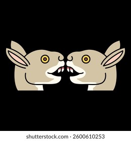 Symmetrical animal decor with two stylized heads of a hare or rabbit. Ethnic Native American design from Mexican codex. On black background.