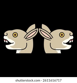 Symmetrical animal decor with two stylized heads of a hare or rabbit. Ethnic Native American design from Mexican codex. On black background.