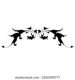 Symmetrical animal design or border with two fantastic winged dragons. Medieval style. Black silhouette on white background.