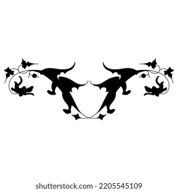 Symmetrical animal design or border with two fantastic winged dragons. Medieval style. Black silhouette on white background.