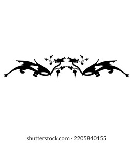 Symmetrical animal design or border with two fantastic winged dragons. Medieval style. Black silhouette on white background.