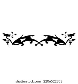 Symmetrical animal design or border with two fantastic winged dragons. Medieval style. Black silhouette on white background.
