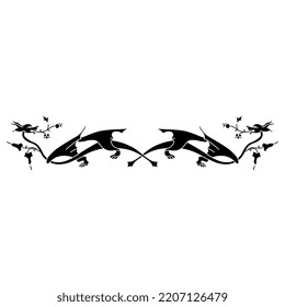 Symmetrical animal design or border with two fantastic winged dragons. Medieval style. Black and white silhouette.