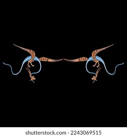 Symmetrical animal design or border with two fantastic winged dragons. Medieval illuminated manuscript style. On black background.