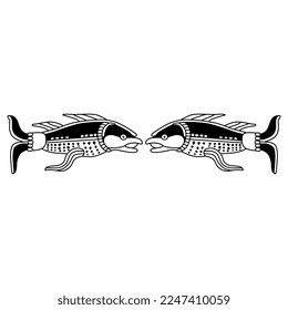 Symmetrical animal design or border with two fish. Native American art of Maya Indians. Black and white silhouette.