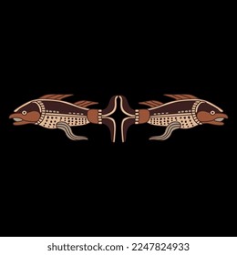 Symmetrical animal design or border with two fish. Native American art of Maya Indians. On black background.