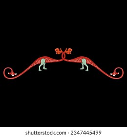 Symmetrical animal design or border with two red medieval dragons on black background. Illuminated manuscript style.